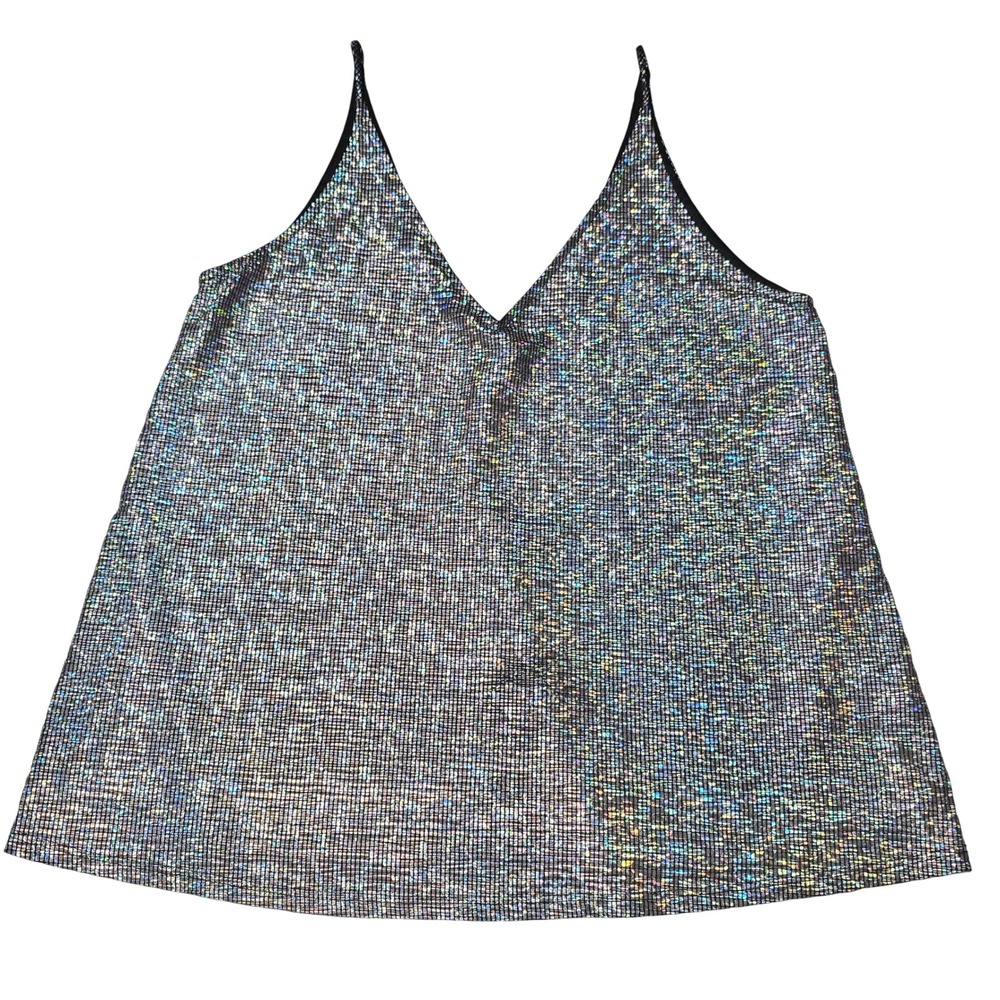 Caramela Womens Holographic Iridescent Metallic Cami Top‎ V-Neck Festival Silver